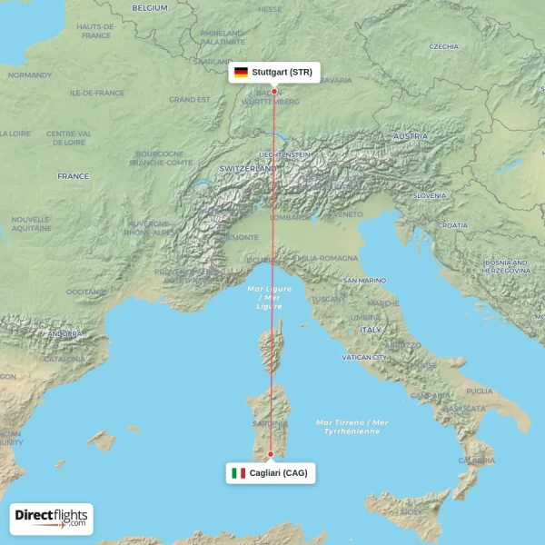 Cagliari - Stuttgart direct flight map