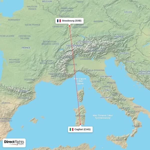 Cagliari - Strasbourg direct flight map