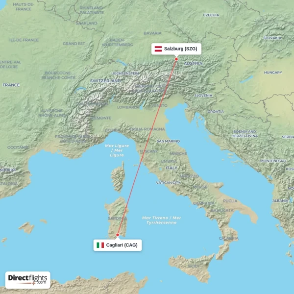 Cagliari - Salzburg direct flight map