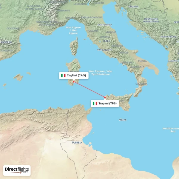 Cagliari - Trapani direct flight map