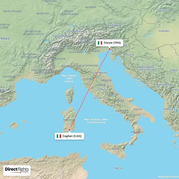 Cagliari - Trieste direct flight map