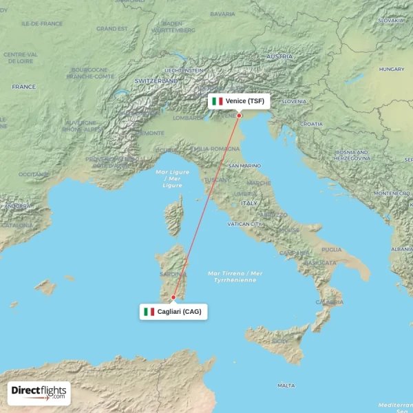 Cagliari - Venice direct flight map