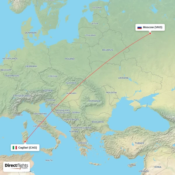 Cagliari - Moscow direct flight map