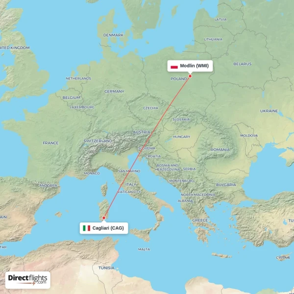 Cagliari - Modlin direct flight map