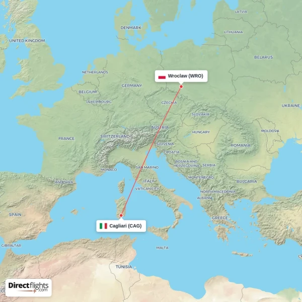 Cagliari - Wroclaw direct flight map