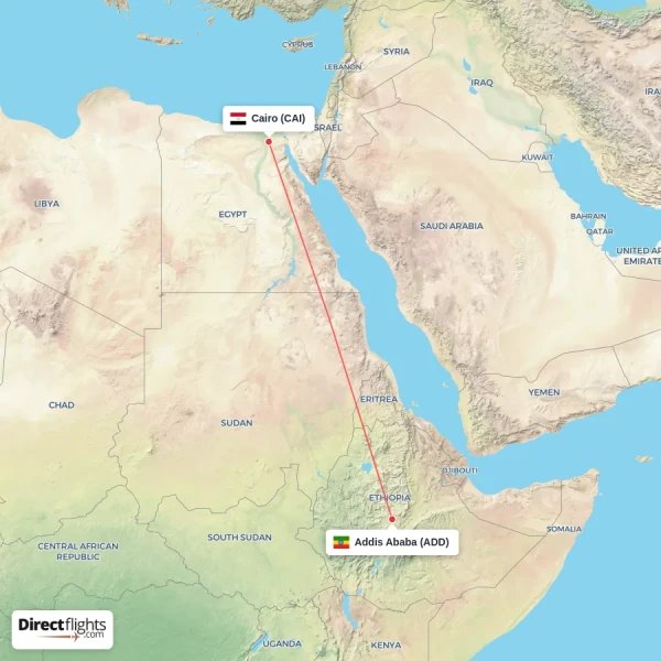 Cairo - Addis Ababa direct flight map