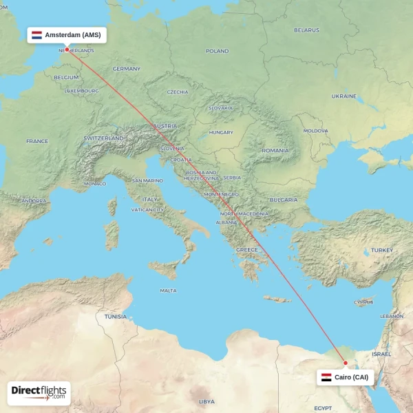 Cairo - Amsterdam direct flight map