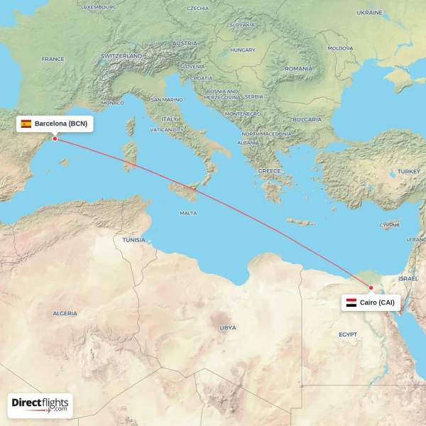 Cairo - Barcelona direct flight map