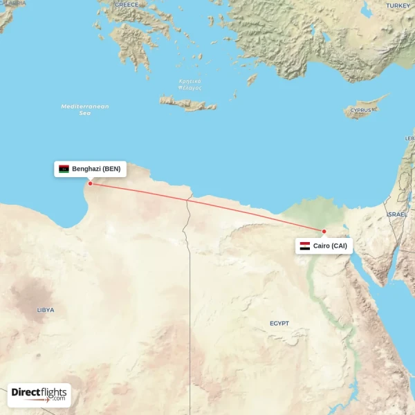 Cairo - Benghazi direct flight map