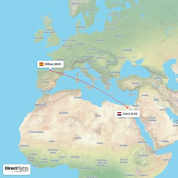Cairo - Bilbao direct flight map