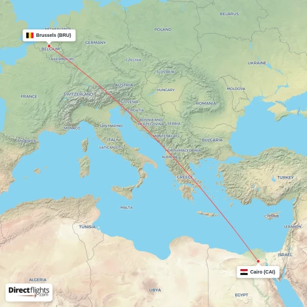 Cairo - Brussels direct flight map