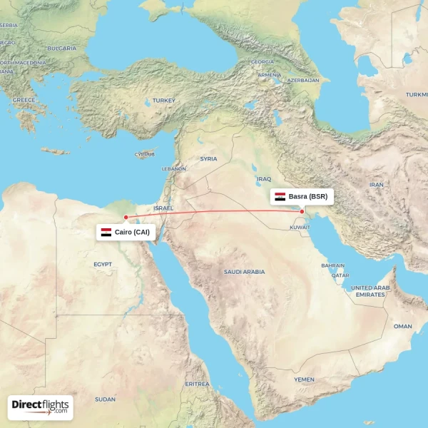 Cairo - Basra direct flight map