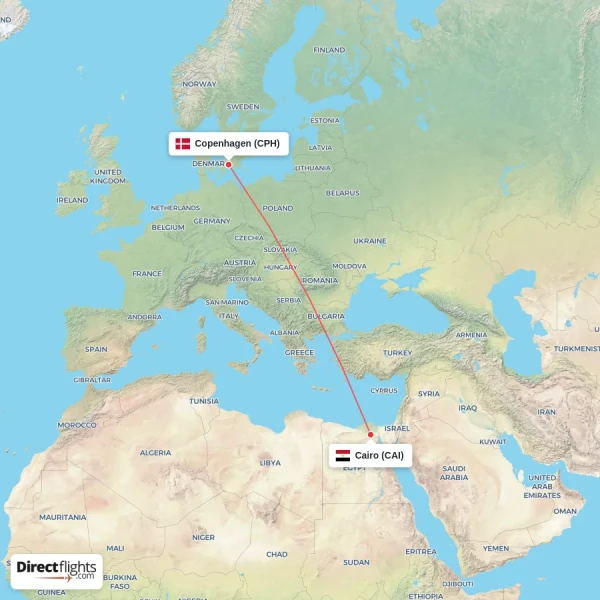 Cairo - Copenhagen direct flight map