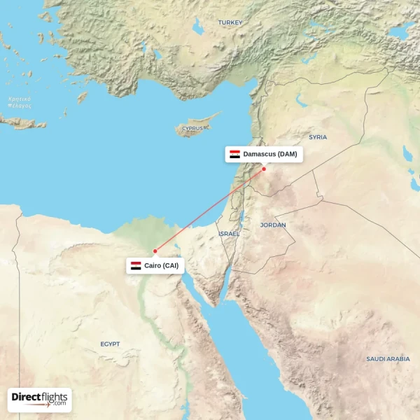 Cairo - Damascus direct flight map