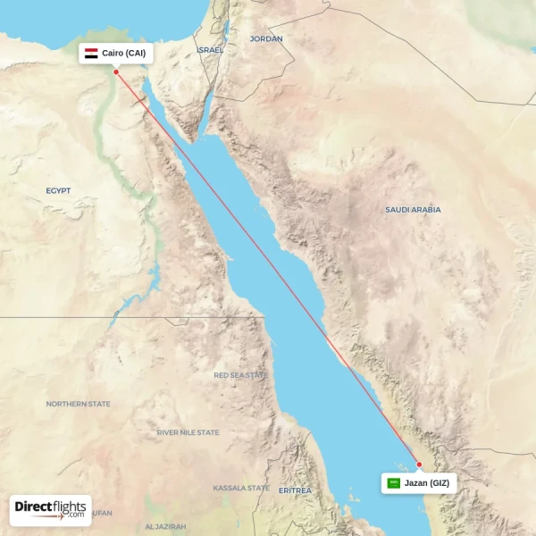 Cairo - Jazan direct flight map
