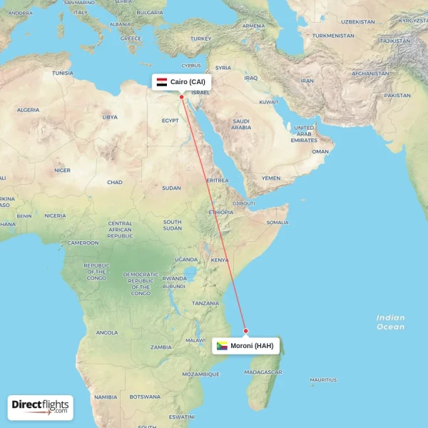 Cairo - Moroni direct flight map