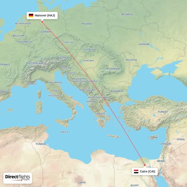 Cairo - Hanover direct flight map