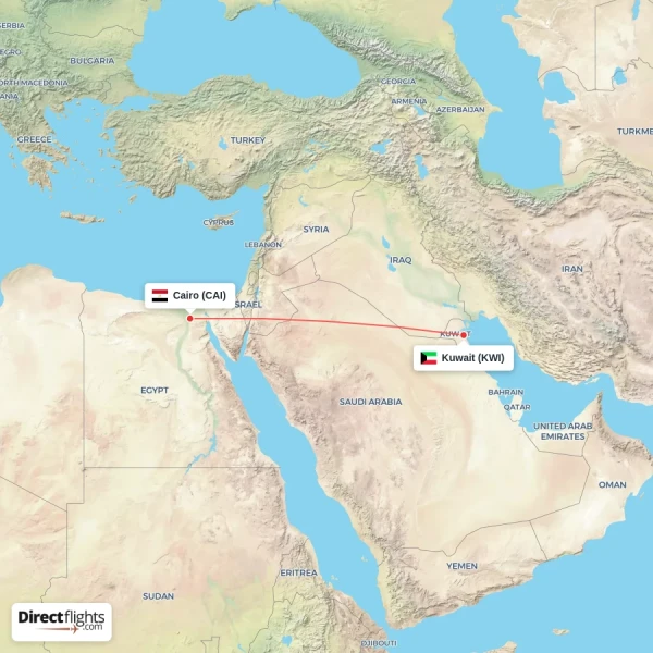 Cairo - Kuwait direct flight map