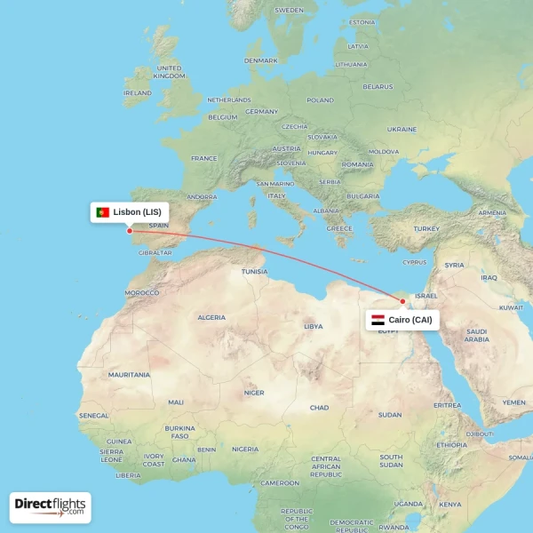 Cairo - Lisbon direct flight map