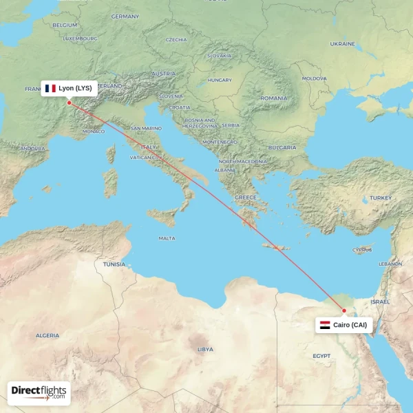 Cairo - Lyon direct flight map