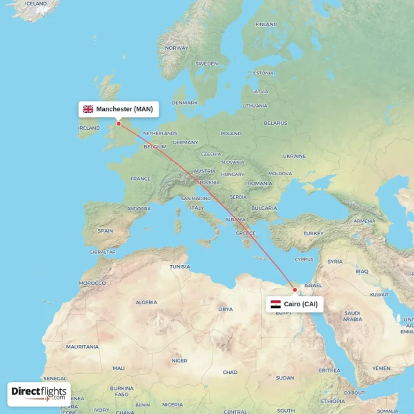 Cairo - Manchester direct flight map