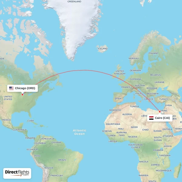 Cairo - Chicago direct flight map