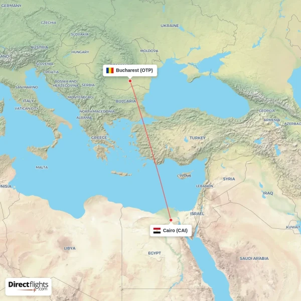 Cairo - Bucharest direct flight map