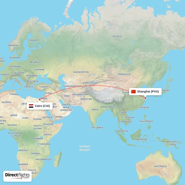 Cairo - Shanghai direct flight map