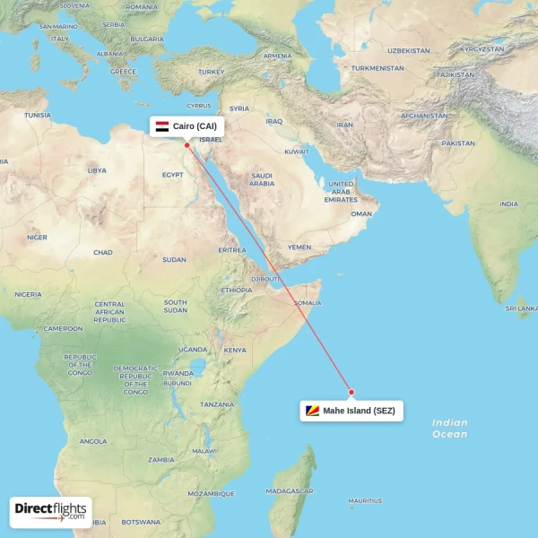 Cairo - Mahe Island direct flight map