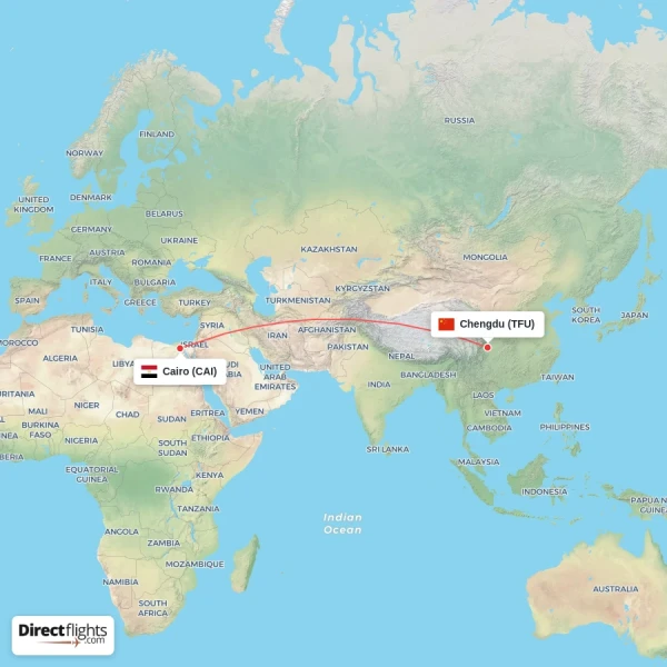 Cairo - Chengdu direct flight map