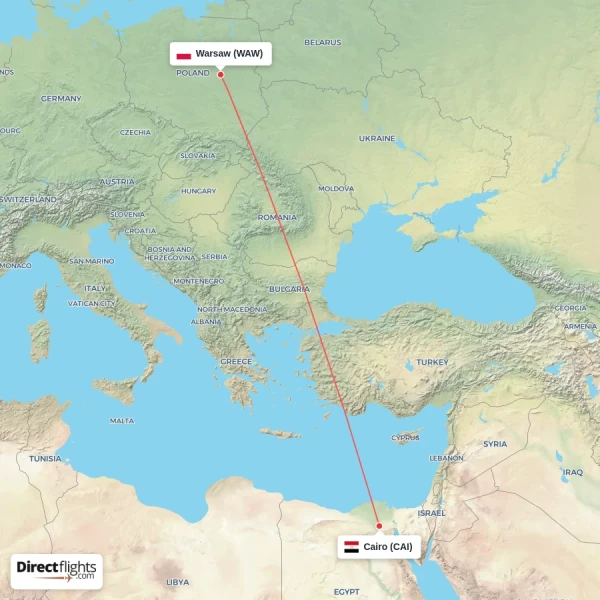 Cairo - Warsaw direct flight map