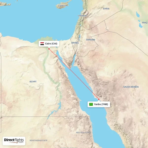 Cairo - Yanbu direct flight map