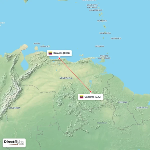 Canaima - Caracas direct flight map