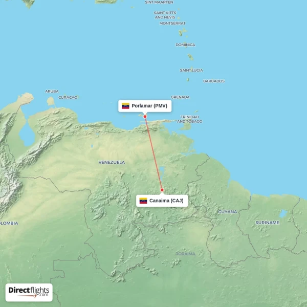 Canaima - Porlamar direct flight map