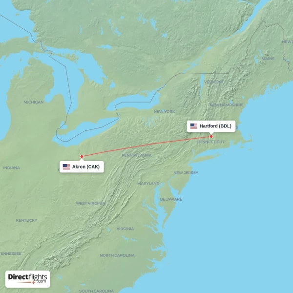 Akron - Hartford direct flight map