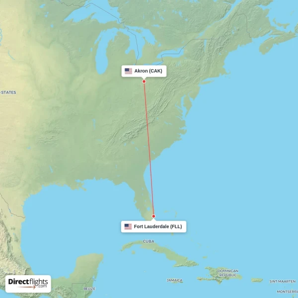 Akron - Fort Lauderdale direct flight map