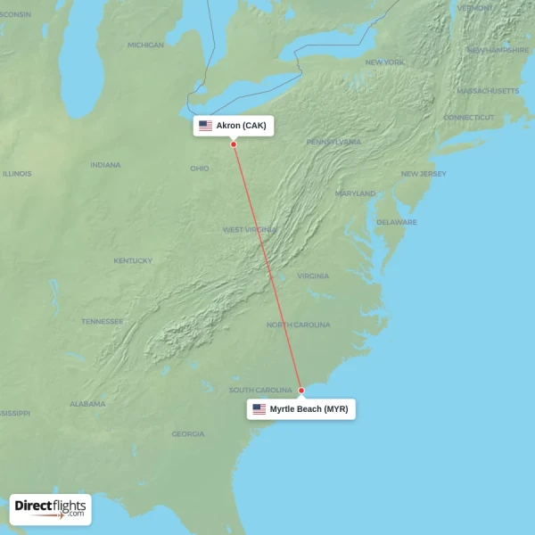 Akron - Myrtle Beach direct flight map