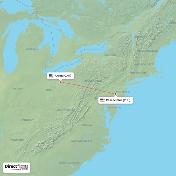 Akron - Philadelphia direct flight map