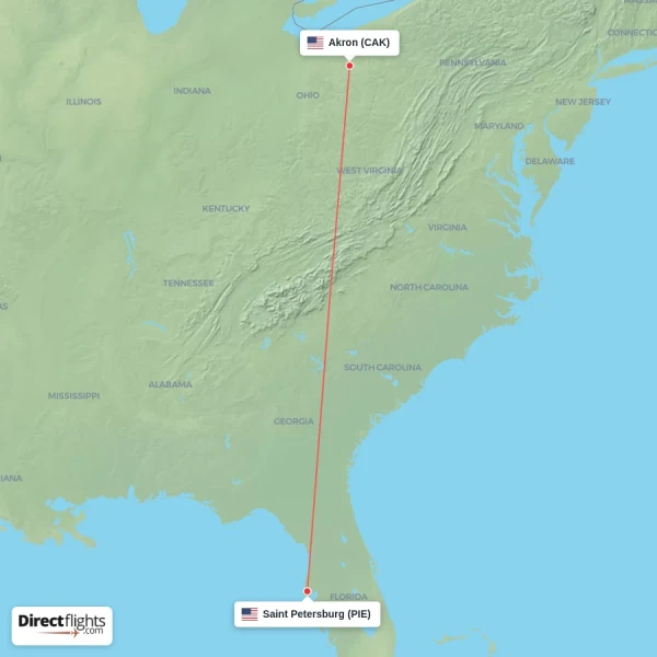 Akron - Saint Petersburg direct flight map