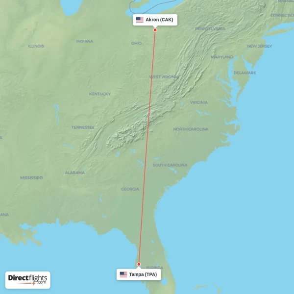Akron - Tampa direct flight map