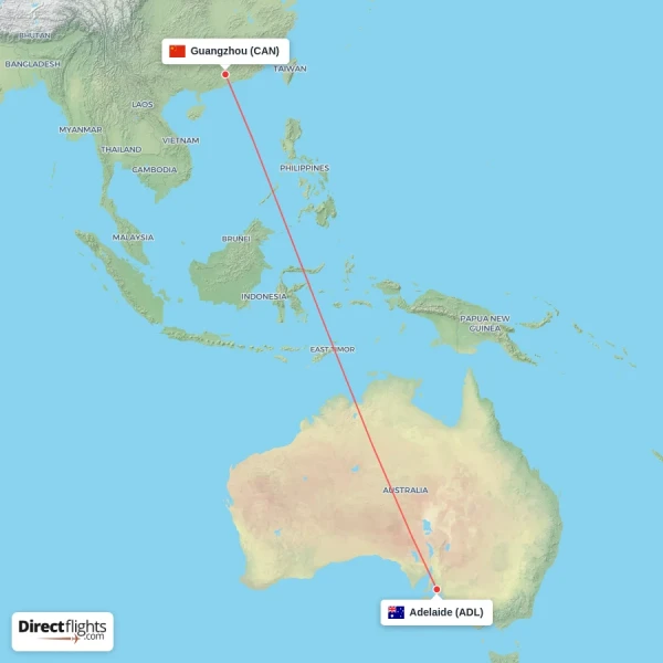 Guangzhou - Adelaide direct flight map