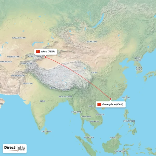 Guangzhou - Aksu direct flight map