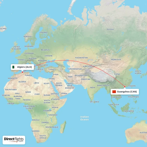 Guangzhou - Algiers direct flight map