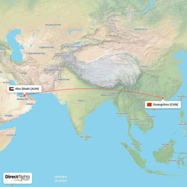 Guangzhou - Abu Dhabi direct flight map