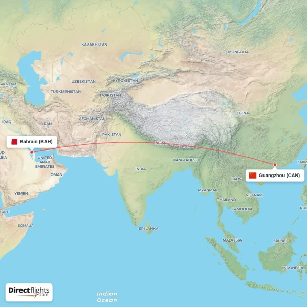 Guangzhou - Bahrain direct flight map