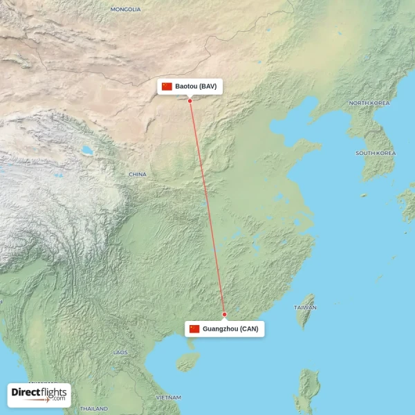Guangzhou - Baotou direct flight map