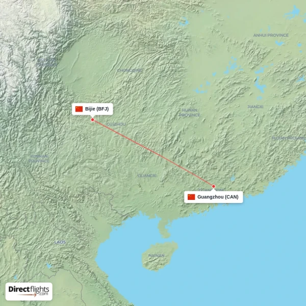 Guangzhou - Bijie direct flight map