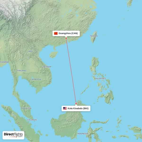 Guangzhou - Kota Kinabalu direct flight map