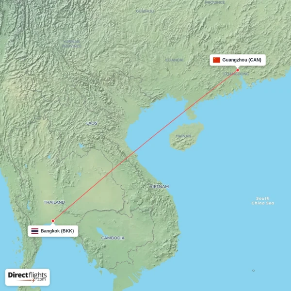 Guangzhou - Bangkok direct flight map