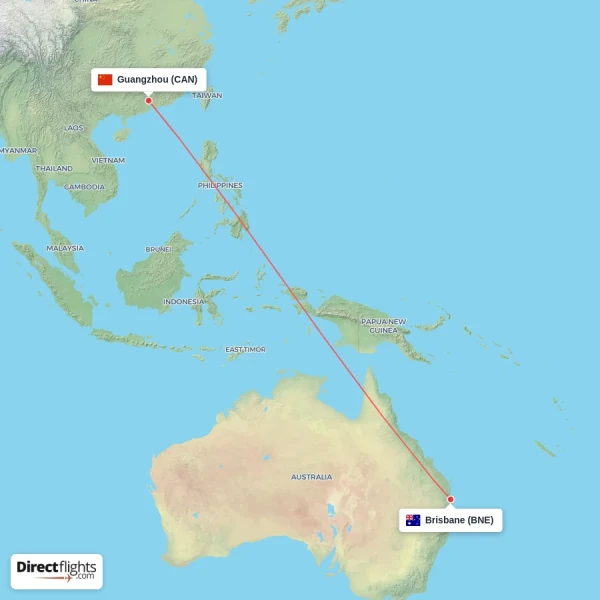 Guangzhou - Brisbane direct flight map